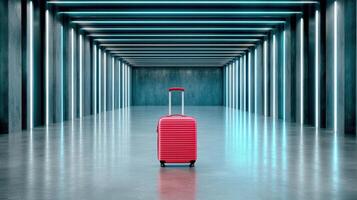 vibrant red suitcase stands alone modern, illuminated corridor, evoking sense of adventure and photo