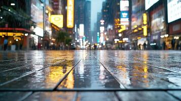 rainy city street with reflections and vibrant lights creates moody atmosphere photo