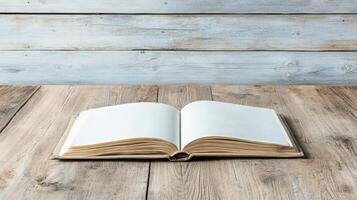 open antique journal rests on rustic wooden table, inviting creativity photo
