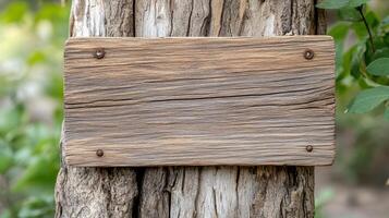 Weathered wooden sign on tree trunk, perfect for nature trails photo
