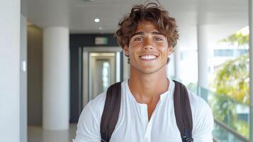 young man with curly hair smiles confidently in modern hallway photo