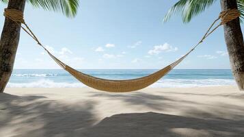 hammock gently swaying between two palm trees on sunny beach photo