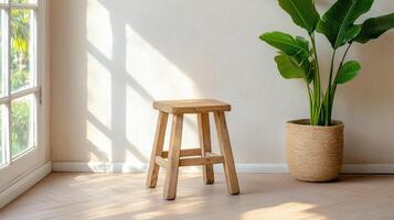 Handcrafted wooden stool in bright room with potted plant photo