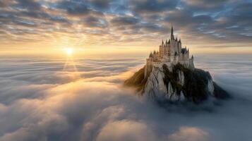 historic castle standing tall on mountain peak, surrounded by clouds at sunrise photo