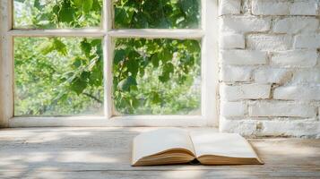 open journal rests on wooden windowsill, surrounded by greenery photo