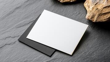 Minimalist black and white business cards on textured stone surface photo