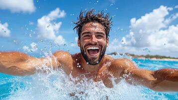Joyful man diving into pool, creating splash in bright blue water photo