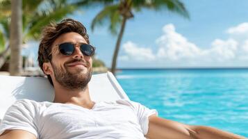 Relaxing man lounging by poolside, enjoying sunny breeze photo