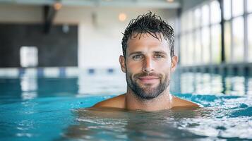 man swimming in lap pool, smiling and focused on his strokes photo