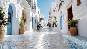 charming Moroccan style town with intricate mosaic patterns and vibrant blue doors photo