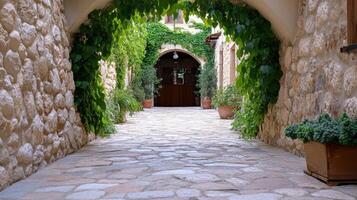 narrow cobblestone alleyway lined with lush greenery in historic city photo