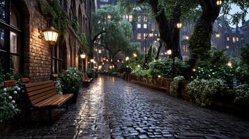 serene nighttime scene of cobblestone street lined with trees and lights photo