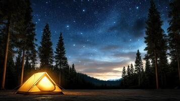 serene campsite under starry sky, featuring glowing tent and tall trees photo