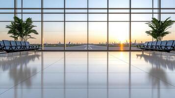quiet airport terminal at sunrise with rows of empty chairs and palm plants photo