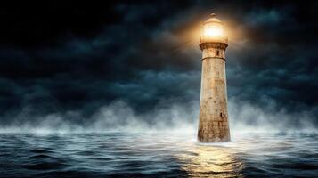 dramatic nighttime scene of ancient lighthouse illuminating dark sea photo