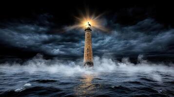 dramatic nighttime scene of ancient lighthouse shining brightly amidst stormy skies photo