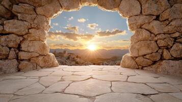 stunning sunset view through stone archway, illuminating landscape photo