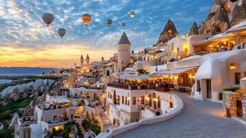 Breathtaking cityscape with hot air balloons over unique rock formations photo