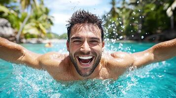 Joyful man diving into pool, creating splash of water and happiness photo