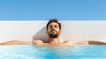 man enjoying refreshing swim in modern pool under clear sky photo