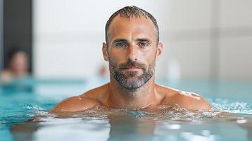 focused man swimming in lap pool, showcasing determination and strength photo