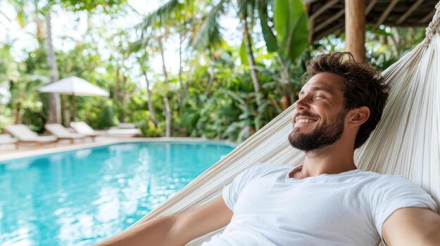 man relaxing in hammock beside swimming pool, enjoying tranquility photo