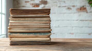 Old postcards stacked neatly in cozy attic, evoking nostalgia and mystery photo