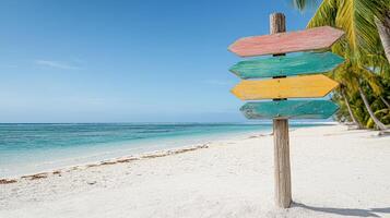 Colorful wooden signpost on tropical beach with clear blue skies photo