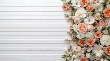 Beautiful floral arrangement with roses and white flowers on wooden background photo