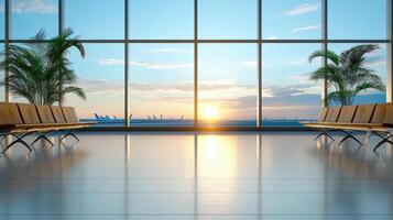 serene airport waiting area with large windows showcasing sunset view photo