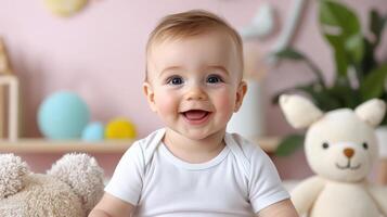 Happy baby smiling surrounded by plush toys on bright pink background photo