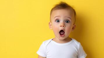 Surprised baby with wide eyes and open mouth against yellow background photo