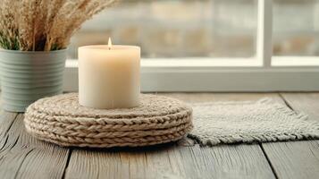 calming candle on woven mat, surrounded by soft textures and natural elements photo