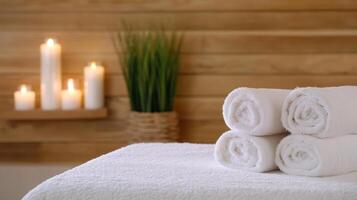 Fresh towels arranged on spa table with candles and greenery photo
