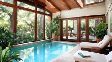 serene spa with tranquil pool and lounge chairs surrounded by greenery photo