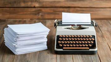 close up of old fashioned typewriter with blank papers stacked nearby photo