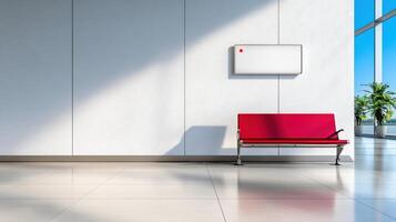 modern airport gate with red bench and bright sunlight streaming in photo