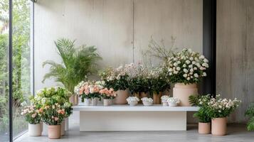 vibrant display of flowers and plants in modern florist studio photo