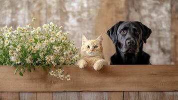 dog and cat relaxing together by flower arrangement in cozy setting photo