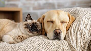 Sleeping dog and cat cuddling on cozy blanket, showcasing friendship photo