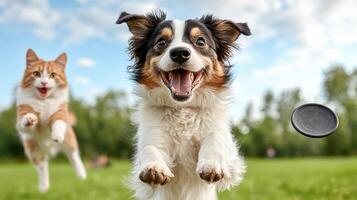 Happy dog and cat playing with frisbee in sunny park setting photo