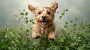 Happy dog running through field of clover, enjoying moment photo