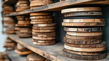 Old wooden spools stacked on shelves in rustic workshop, showcasing craftsmanship photo