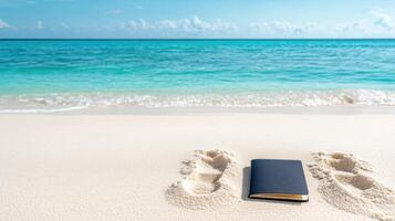 serene moment with notebook resting on sandy beach footprints photo