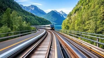 fast moving train travels along scenic route with mountains and trees photo