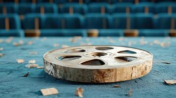 hauntingly beautiful image of old film reel on blue table photo