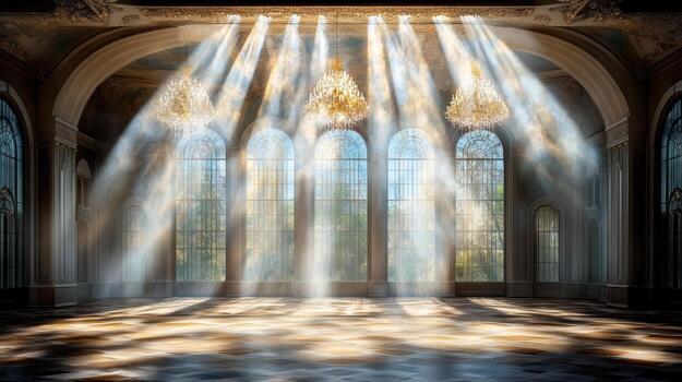 maravilloso salón de baile con luz de sol transmisión mediante grande ventanas, creando mágico atmósfera foto