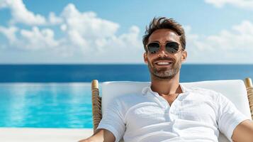 Relaxing man in sunglasses by poolside enjoying sunny breeze photo