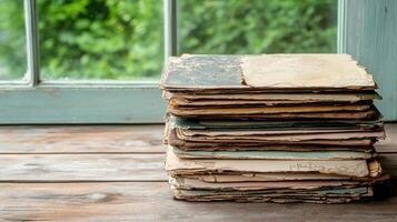Old postcards stacked on wooden table near window, evoking nostalgia photo