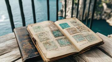 passport with unique entry stamps displayed on wooden table by sea photo